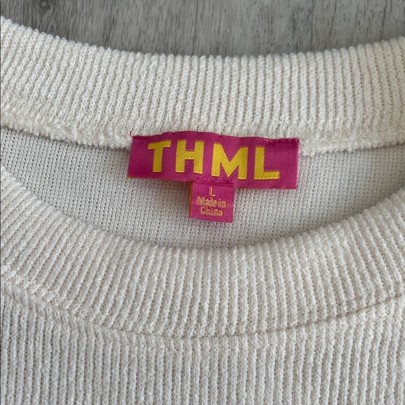 THML Denim Patchwork Puff Sleeve Top Short Long Sleeve White Blue Women L Cotton - Picture 9 of 12